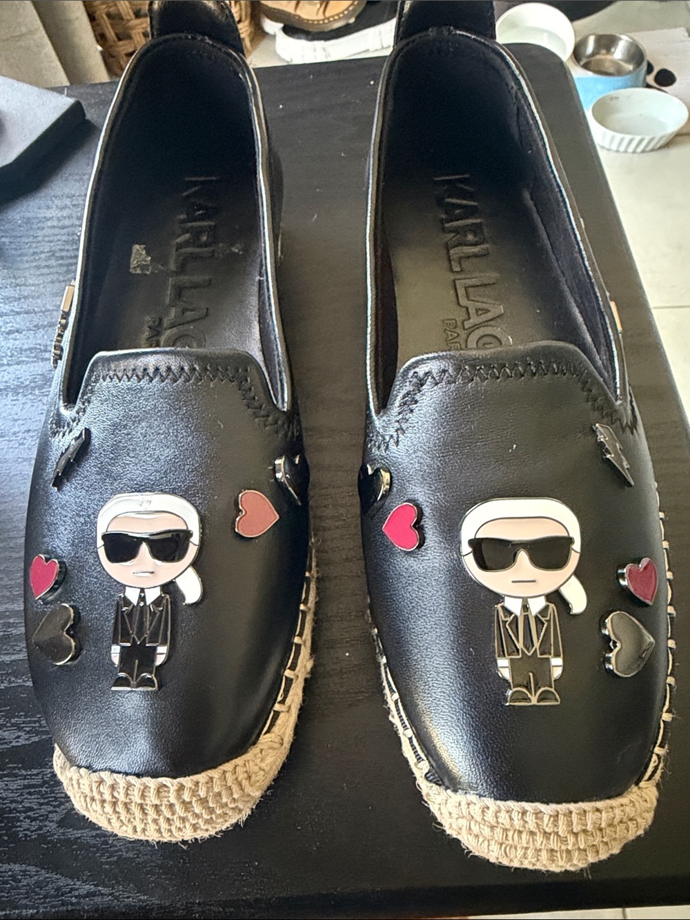 Karl Lagerfeld Black Leather Moccasin Espadrilles with Pink Heart Accents